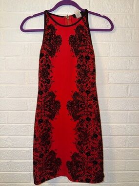 B Darlin Red Dress with Black Floral Lace Panels